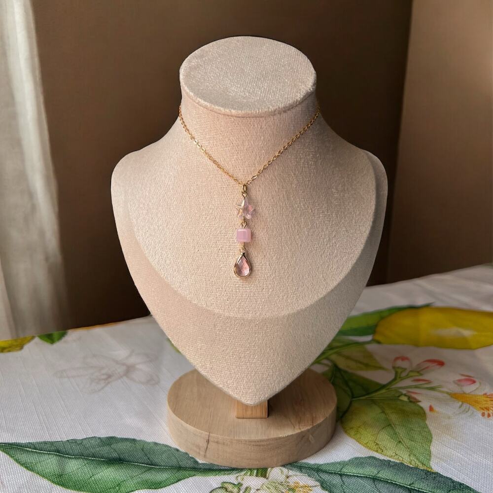 Rose Quartz Star Square Beaded Baby Pink Glass Casual Fun Cute Girly Necklace